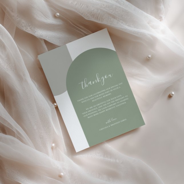 Cartão De Agradecimento Minimalist Script Retro Boho Green Arch Wedding (Criador carregado)