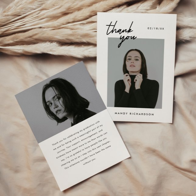 Cartão De Agradecimento Minimalistic 2-Photo Black White Script Graduation (Criador carregado)