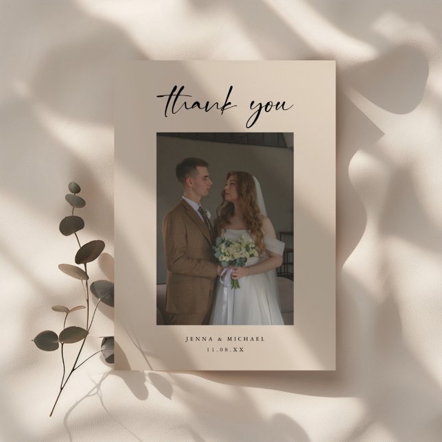 Cartão De Agradecimento Minimalistic Modern Beige Script Wedding Photo (Criador carregado)