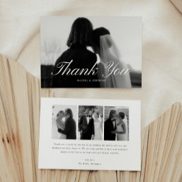 Cartão De Agradecimento Minimalistic Script 4-Photo Black & White Wedding