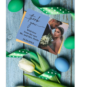 Cartão De Agradecimento Mínimo e Chic Azul Empoeirado Dois Fotos Casamento