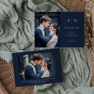 Cartão De Agradecimento Mínimo e Chic   Casamento de Fotografias Azul-Mari