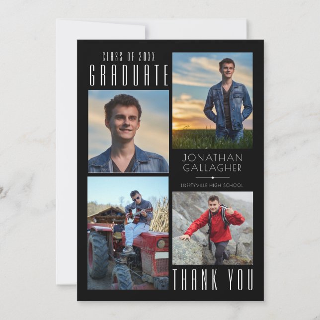 Cartão De Agradecimento Mínimo FORMANDO elegante, OBRIGADO A Quatro Fotos, (Frente)