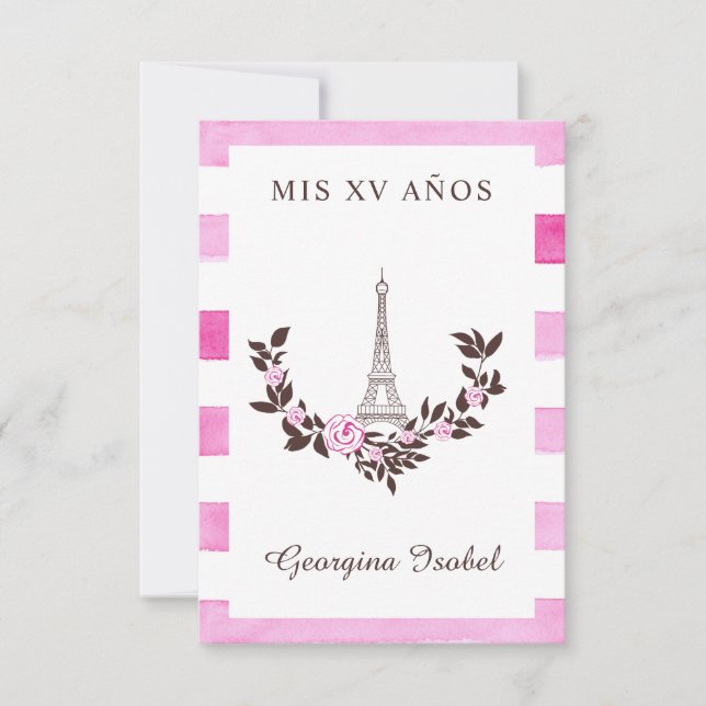 Cartão De Agradecimento Mis Quince años Diseño Floral París Rayas Rosa (Frente)
