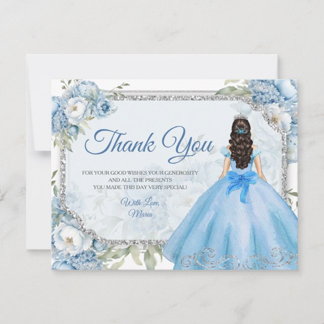 Cartão De Agradecimento Mis Quince Blue Floral Silver Crown Quinceañera (Frente)