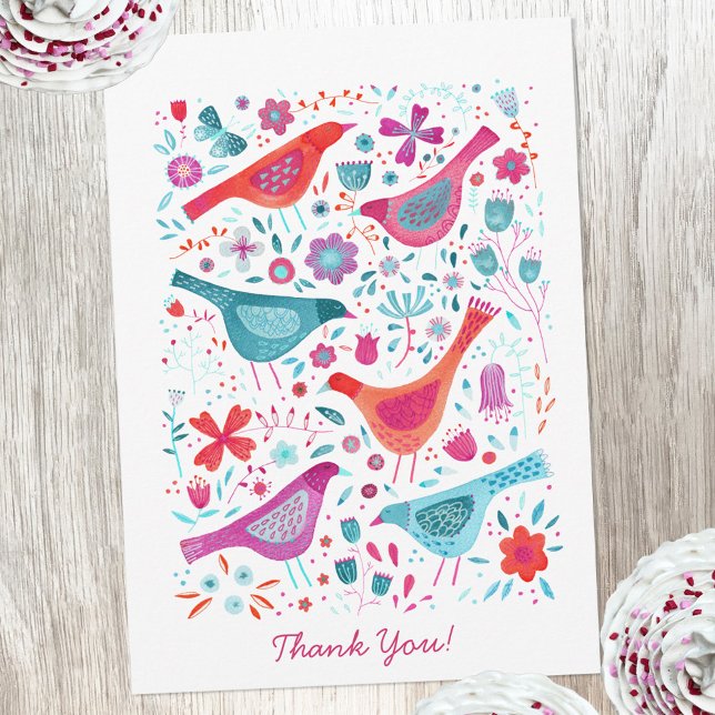 Cartão De Agradecimento Modern Bird Watercolor Personalizada Obrigado (Modern watercolor birds and flowers thank you card with custom text)