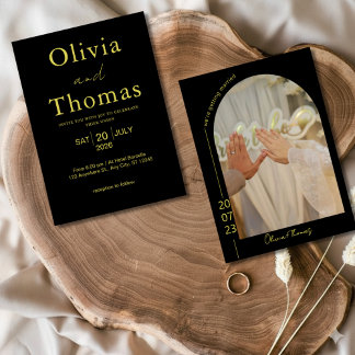 Cartão De Agradecimento Modern Black and Gold Elegant Wedding Invitation