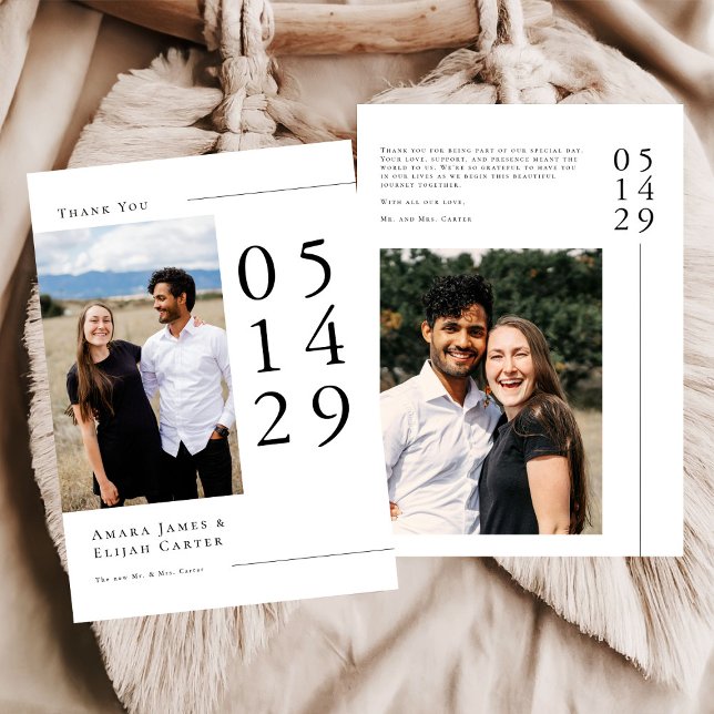 Cartão De Agradecimento Modern Black and White Minimal Wedding Photo (Criador carregado)