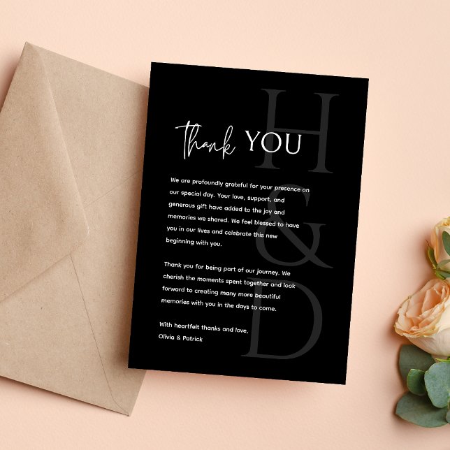 Cartão De Agradecimento Modern Black and White Monogram Minimalist Wedding (Criador carregado)