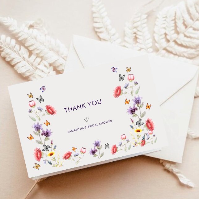 Cartão De Agradecimento Modern Boho Wildflower Bridal Shower (Modern boho wildflower bridal shower folded thank you card with watercolor florals.)