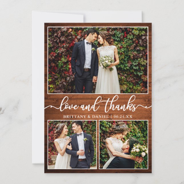 Cartão De Agradecimento Modern Calligraphy Wood 3 Photo Wedding Collage (Frente)
