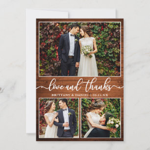 Cartão De Agradecimento Modern Calligraphy Wood 3 Photo Wedding Collage