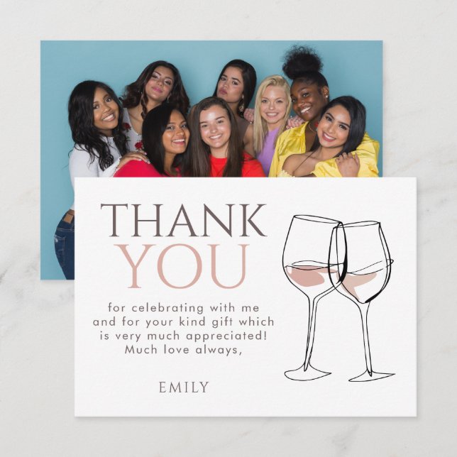 Cartão De Agradecimento Modern Doodle Wine Photo Thank You Bridal Shower (Frente/Verso)