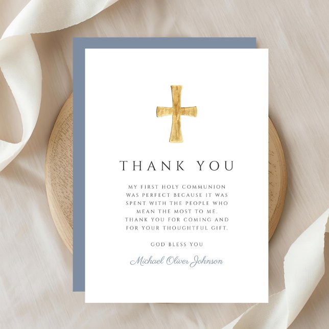 Cartão De Agradecimento Modern Dusty Blue Religious Boy First Communion (Modern Dusty Blue Religious Boy First Communion Thank You Card)