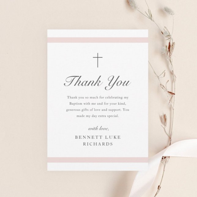 Cartão De Agradecimento Modern Elegance Girls Baptism (Modern girls baptism thank you card with pink bars and elegant script typography with minimal cross.)