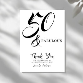 Cartão De Agradecimento Modern Elegant Black White Fifty Fabulous Birthday