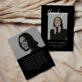 Cartão De Agradecimento Modern Elegant Script 2-Photo Graduation Party