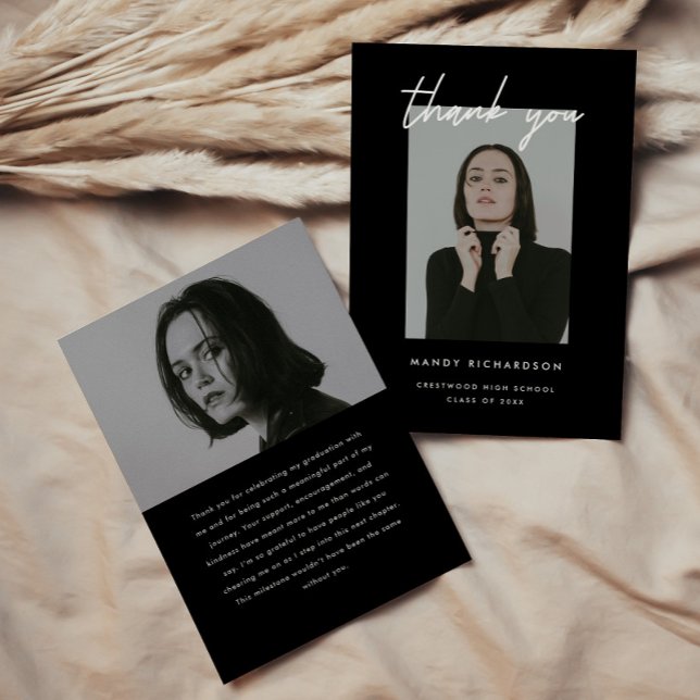 Cartão De Agradecimento Modern Elegant Script 2-Photo Graduation Party (Criador carregado)