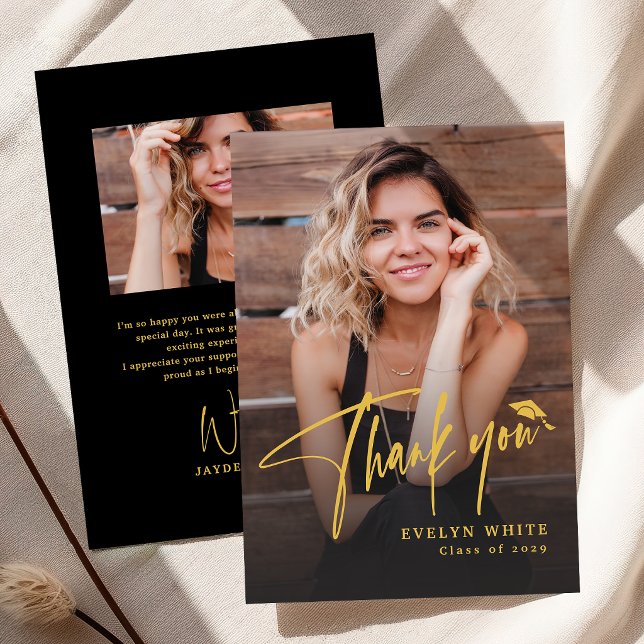 Cartão De Agradecimento Modern Grad Cap Script Simple Photo Graduation (Modern Grad Cap Script Simple Photo Graduation Thank You Card)