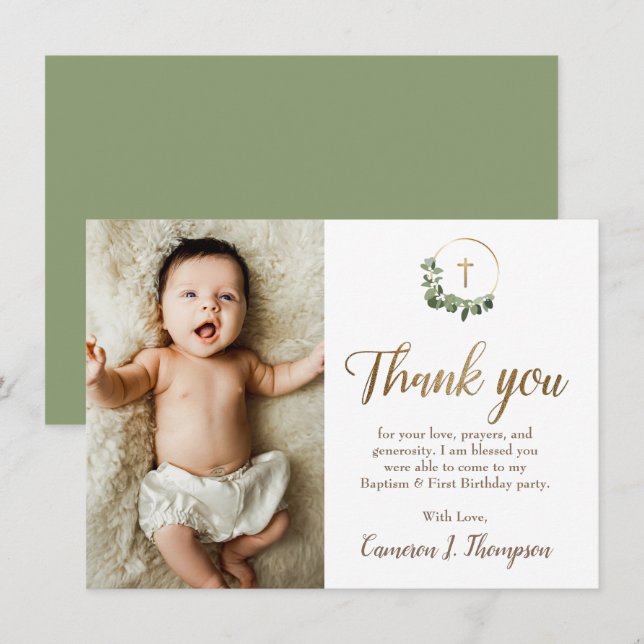 Cartão De Agradecimento Modern Green Gold Cross baptism 1st birthday photo (Frente/Verso)