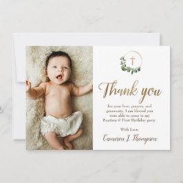 Cartão De Agradecimento Modern Green Gold Cross baptism 1st birthday photo