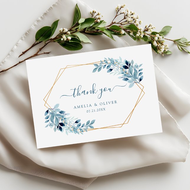 Cartão De Agradecimento Modern Greenery Dusty Blue Geometric Wedding (Criador carregado)