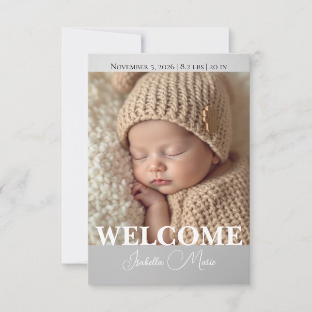 Cartão De Agradecimento  Modern Grey and White Photo Birth Announcement (Frente)