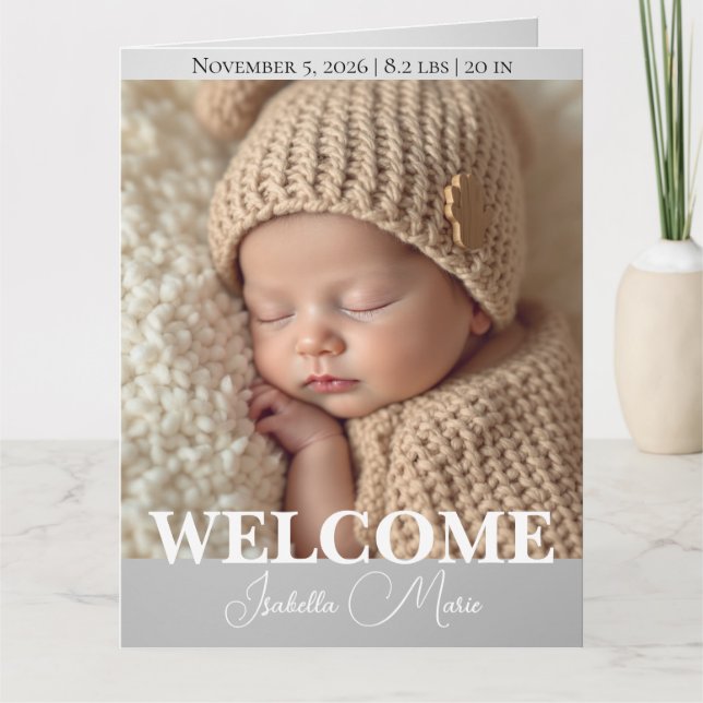 Cartão De Agradecimento  Modern Grey and White Photo Birth Announcement (Frente)