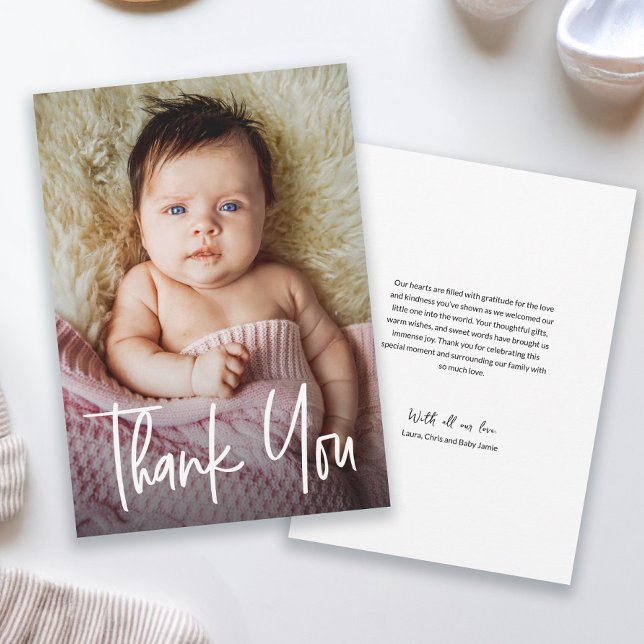 Cartão De Agradecimento Modern Handlettering Custom Baby Girl Shower Photo (Modern handlettering thank you script baby girl thank you card)