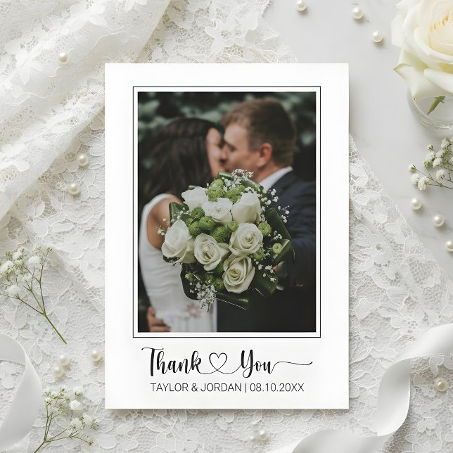 Cartão De Agradecimento Modern Heart Script Photo Wedding Thank You Card (Criador carregado)