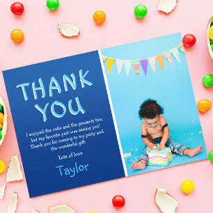 Cartão De Agradecimento Modern Kids Photo Birthday Blue