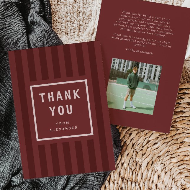 Cartão De Agradecimento Modern Maroon Stripes Graduation Thank You (modern maroon red sporty stripes graduation thank you card)