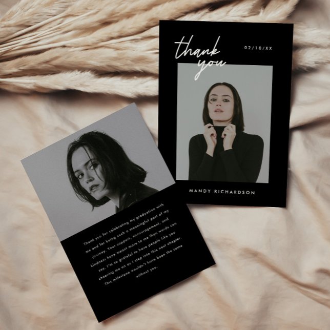 Cartão De Agradecimento Modern Minimal Script 2-Photo Graduation Party (Criador carregado)