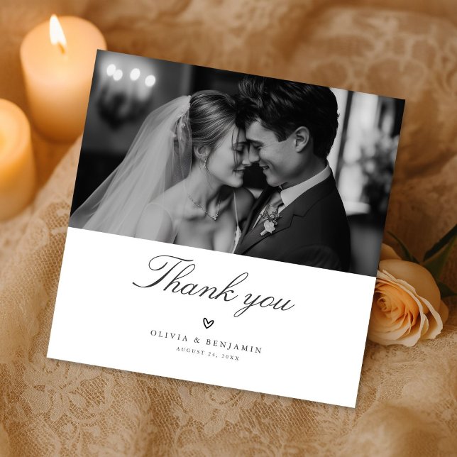 Cartão De Agradecimento Modern Minimalist Monochrome Wedding Photo Square (Criador carregado)