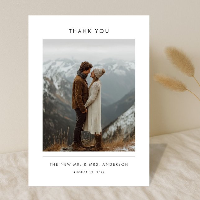 Cartão De Agradecimento Modern Minimalist Newlywed Mountain Photo Wedding (Criador carregado)