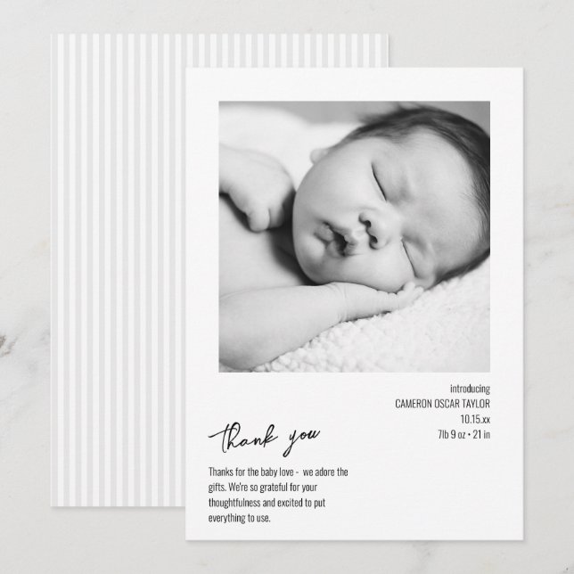 Cartão De Agradecimento Modern Minimalist Stripe Baby Photo Birth Arrival (Frente/Verso)
