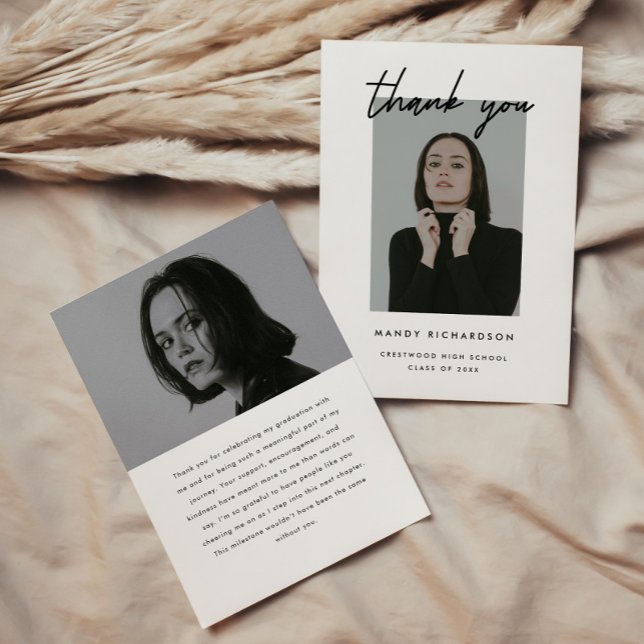 Cartão De Agradecimento Modern Minimalistic Script 2-Photo Graduation (Criador carregado)