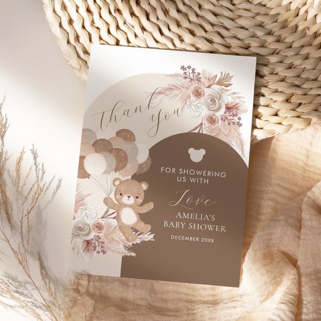 Cartão De Agradecimento Modern Neutral Teddy Bear Baby Shower Balloons (Criador carregado)