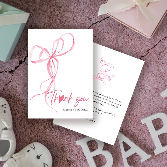 Cartão De Agradecimento Modern Pink Bow Baby Shower Ribbon Heart (Criador carregado)