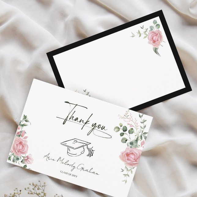 Cartão De Agradecimento Modern Pink Roses Script Graduation (Criador carregado)