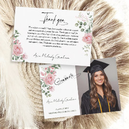 Cartão De Agradecimento Modern Pink Roses Script Graduation Photo