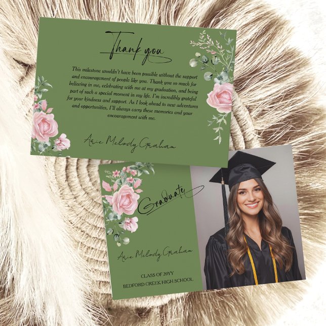 Cartão De Agradecimento Modern Pink Roses Script Graduation Photo (Criador carregado)