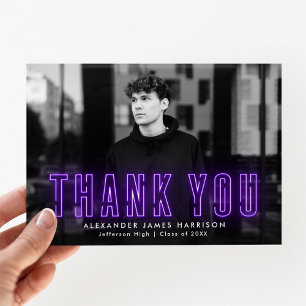 Cartão De Agradecimento Modern Purple Neon Photo Graduation