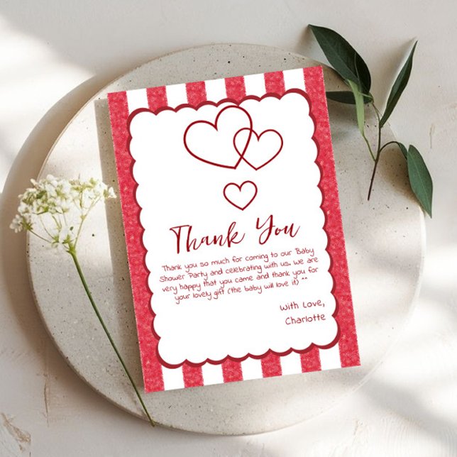 Cartão De Agradecimento Modern Red Chalk Stripes Triple Hearts Baby Shower (Criador carregado)