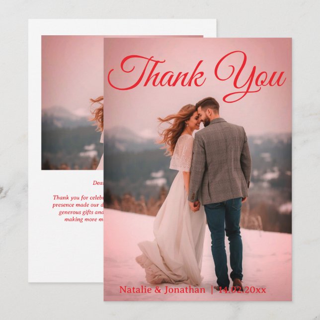Cartão De Agradecimento Modern Red  Photo Wedding Thank You Card W Note (Frente/Verso)