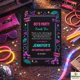 Cartão De Agradecimento Modern Retro Neon 80’s 1st Birthday Party