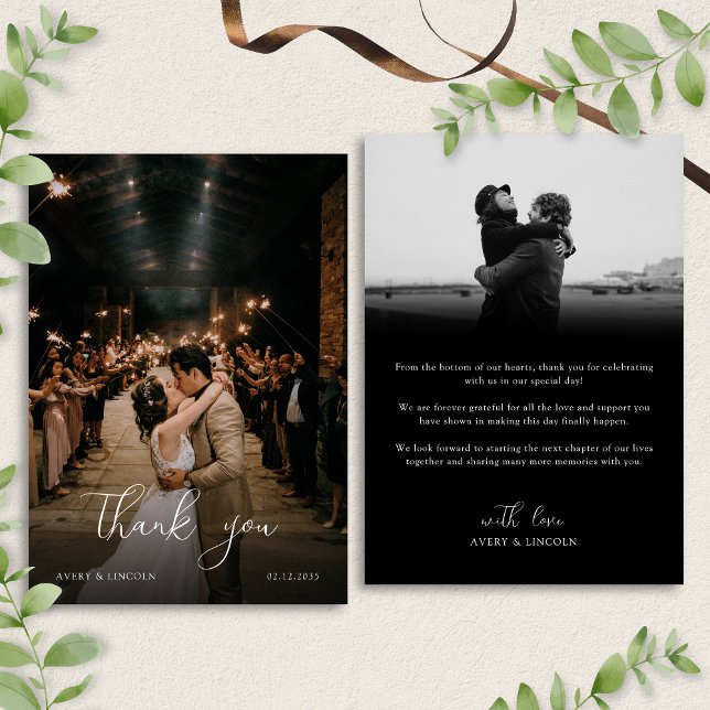 Cartão De Agradecimento Modern Romantic Black & White Photo Script Wedding (Criador carregado)