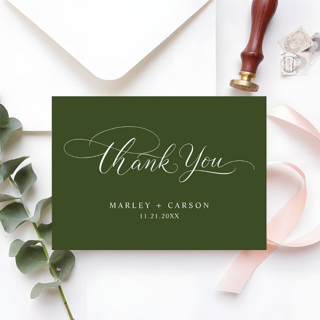 Cartão De Agradecimento Modern Script Calligraphy Olive Green Wedding (Criador carregado)