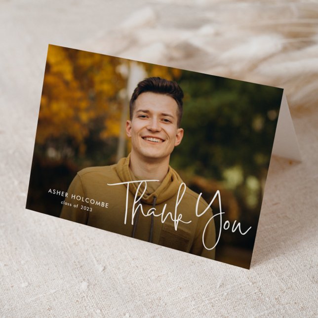 Cartão De Agradecimento Modern Script Graduate Simple Photo Graduation (Modern script graduation photo thank you cards. 
)