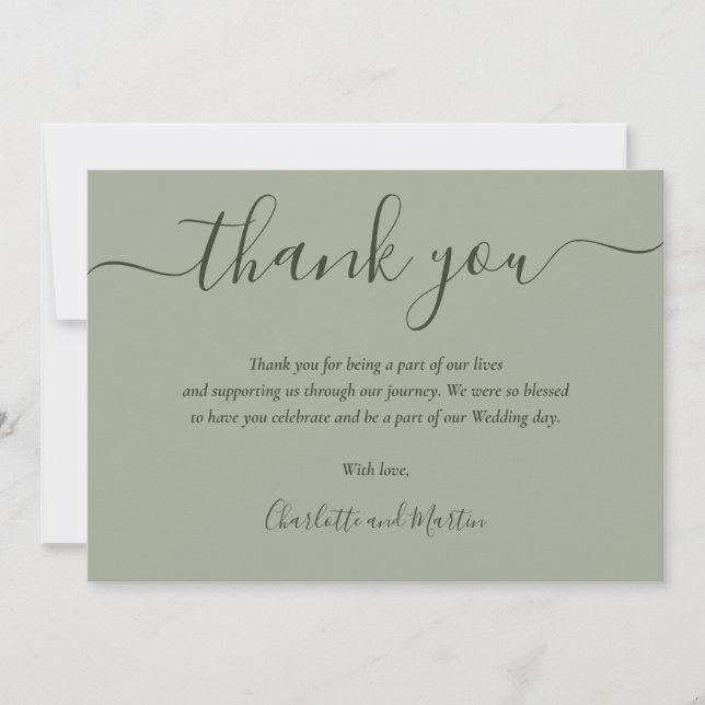 Cartão De Agradecimento Modern Script Sage Green Wedding (Frente)